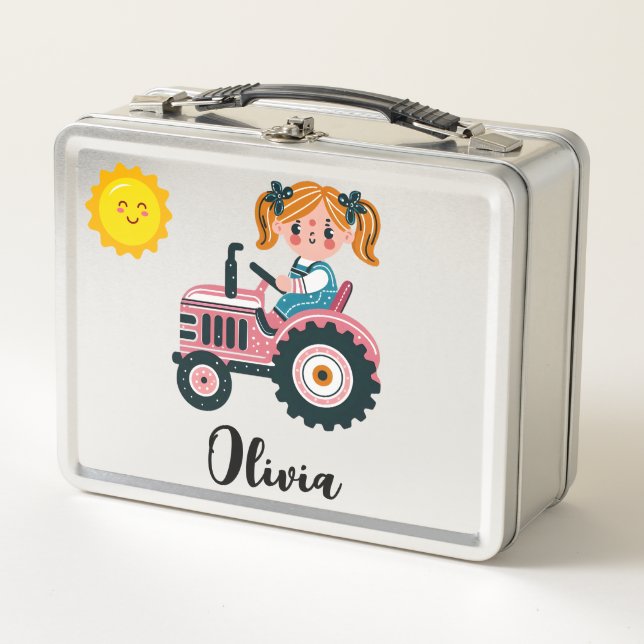 Chica lindo sobre el tractor rosado personalizado (Anverso)