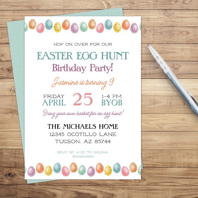 Chica moderno o niño Invitación al cumpleaños de P (fun easter birthday party invitation for boy or girl with simple easter egg border)