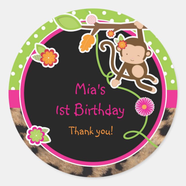 Chica Monkey Jungle Safari Bright Favor Pegatina (Anverso)