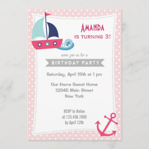Chica náutico invitación de cumpleaños rosado