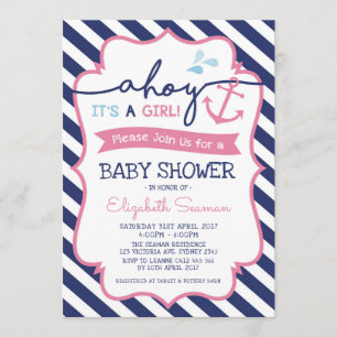 Chica náutico rosado Invitación a Baby Shower Ahoy