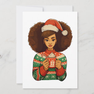 Chica negra afro con sombrero de Santa en Navidad