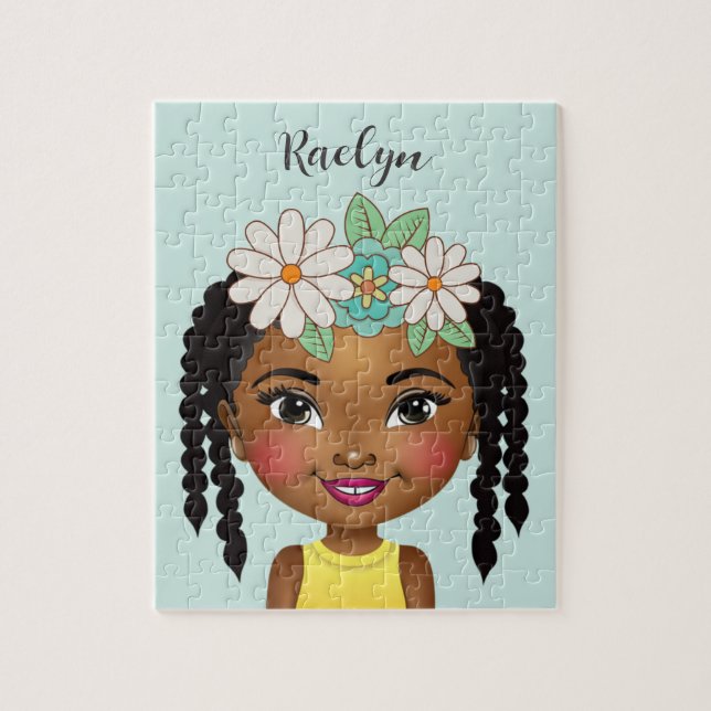 Chica negro con flores rompecabezas personalizados (Vertical)