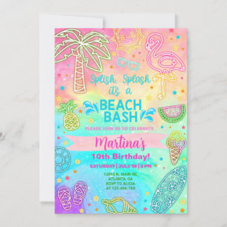 Chica neon beach bash cumpleaños invitación de ver