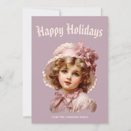 Chica Nostálgica con Tarjeta de Navidad Rosa