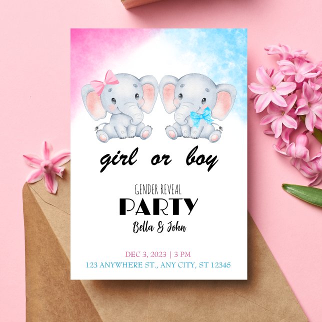Chica o niño elefante de bebé Invitación a revelar (Front)