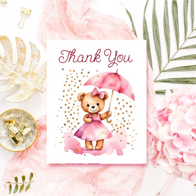 Chica osito de peluche baby ducha tarjeta de agrad (Girl teddy bear baby shower thank you card cute teddy bear with a pink dress umbrella gold sprinkles)