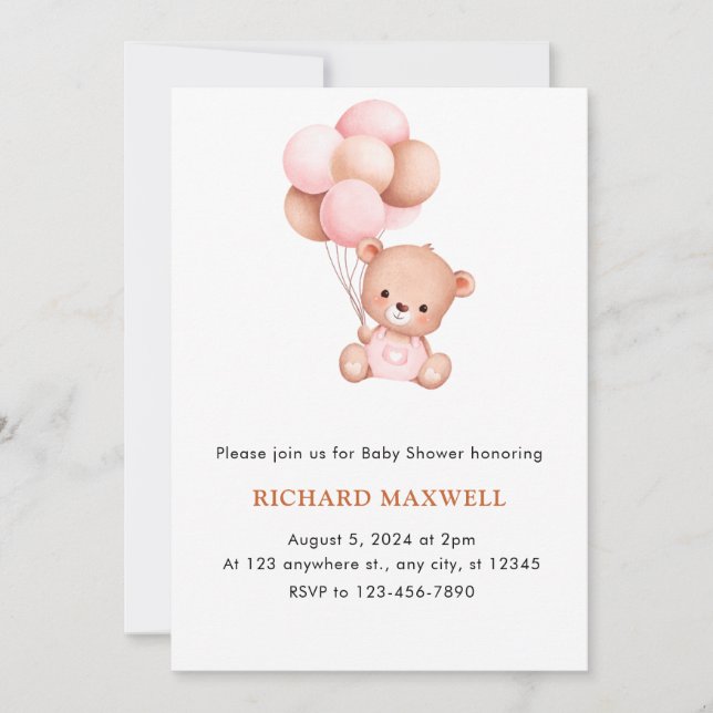 Chica Oso con globos Invitación a la ducha para be (Anverso)