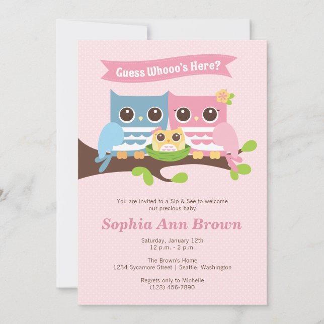 Chica Owl Sip y vea la invitación a Baby Shower (Anverso)