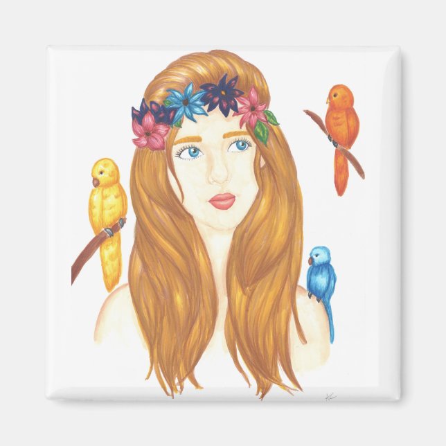 Chica Pájaro - Imán de 2 Pulgadas Cuadradas (Frente)