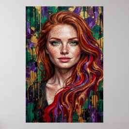 Chica Pelirroja Pecas Arte de Goteo de Pintura Imp