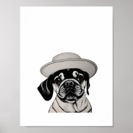 Chica Perro Pug con Gorra Impresión en blanco y ne