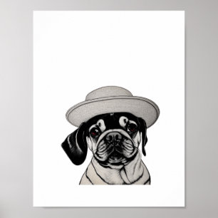 Chica Perro Pug con Gorra Impresión en blanco y ne