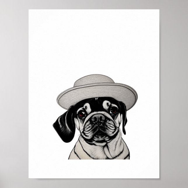 Chica Perro Pug con Gorra Impresión en blanco y ne (Frente)