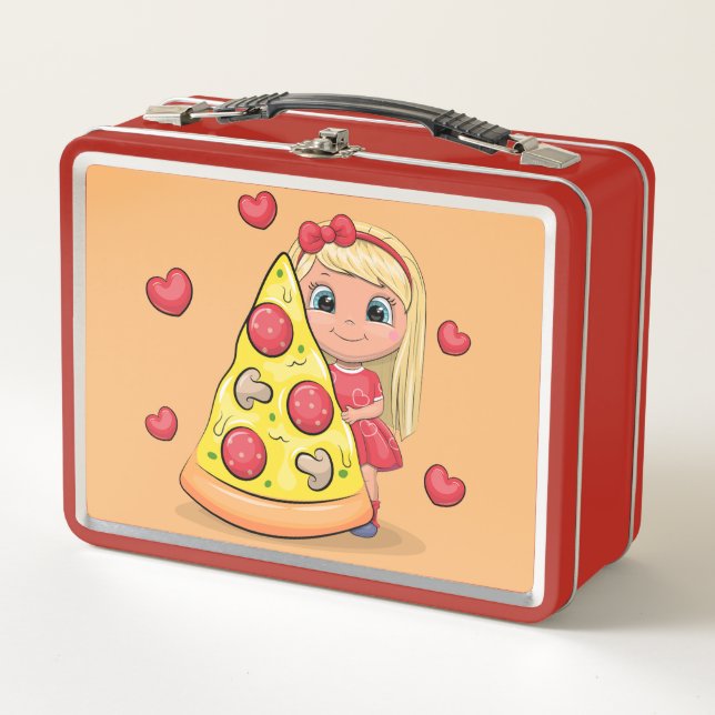 Chica personalizado con una gran porción de pizza. (Anverso)