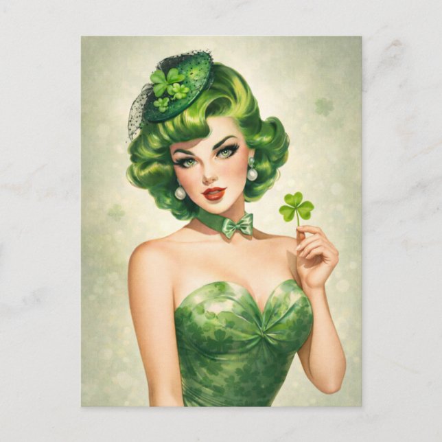 Chica Pin-Up Lucky Shamrock Tarjeta Postal  (Anverso)