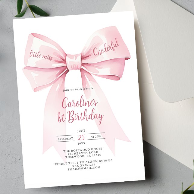 Chica Pink Bow Invitación de cumpleaños 1 (Subido por el creador)