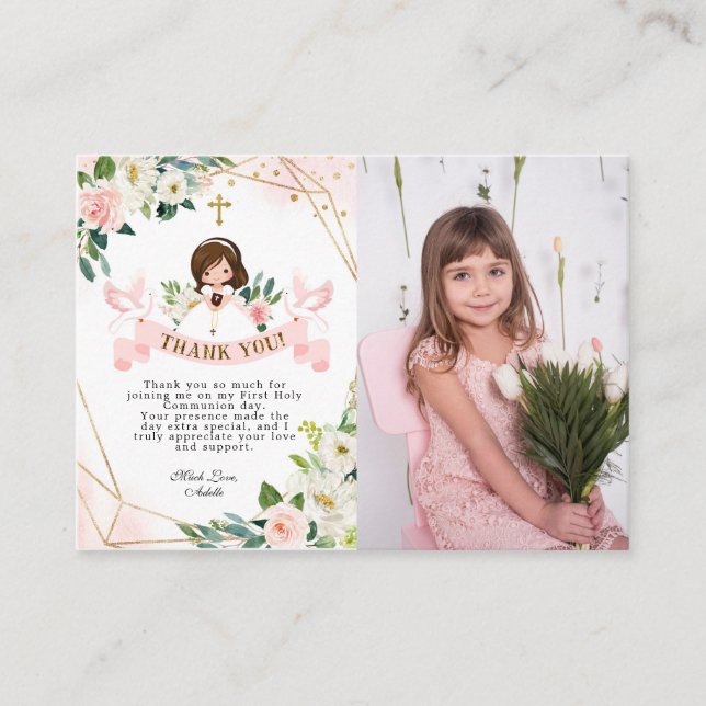 Chica Pink Holy Communia: tarjeta de agradecimient (Anverso)