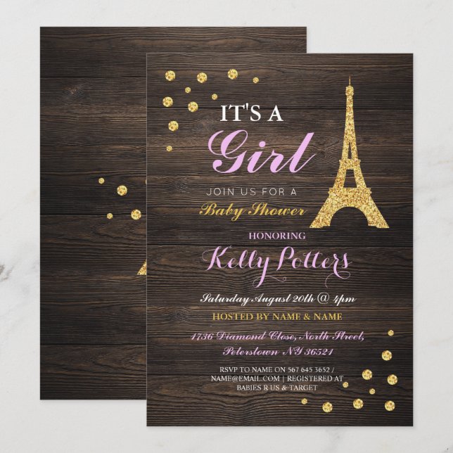 Chica Pink Paris Gold Invitación a la Madera Baby  (Anverso / Reverso)