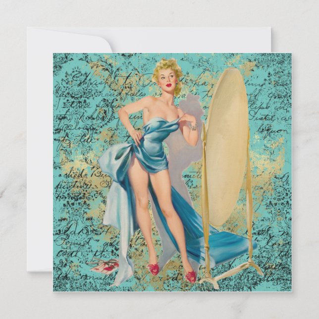Chica Pinup en tarjeta de felicitación en blanco e (Anverso)