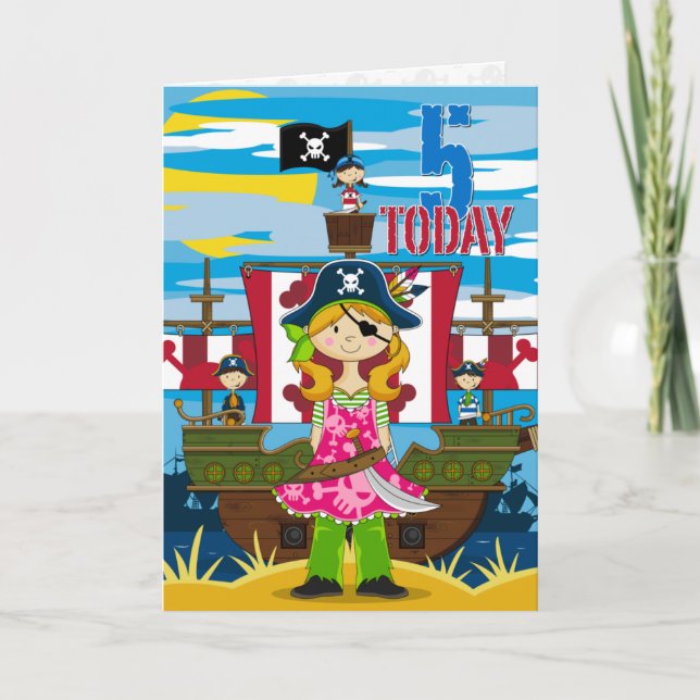 Chica Pirate Ship Scene 5ª tarjeta de cumpleaños (Anverso)