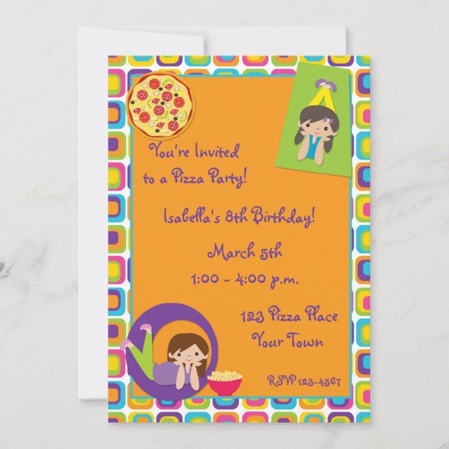 Chica Pizza Fiesta Invitación de cumpleaños (Anverso)