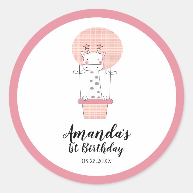 Chica Primer cumpleaños Giraffe Pegatina redondo c (Anverso)