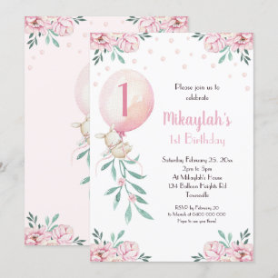 Chica Primer cumpleaños Invitación globos Fiesta c