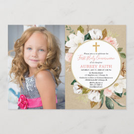 Chica primera comunión foto invitación rústica
