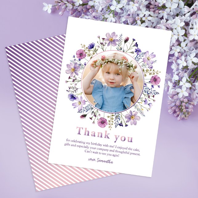 Chica Purple Wildflower Gracias tarjeta de foto (Beautiful floral thank you card)