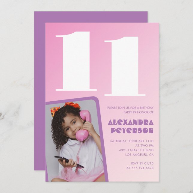 Chica Retro de invitaciones para el 11º cumpleaños (Anverso / Reverso)