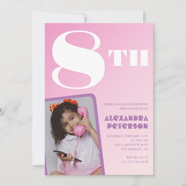 Chica Retro de invitaciones para el 8° cumpleaños  (Anverso)