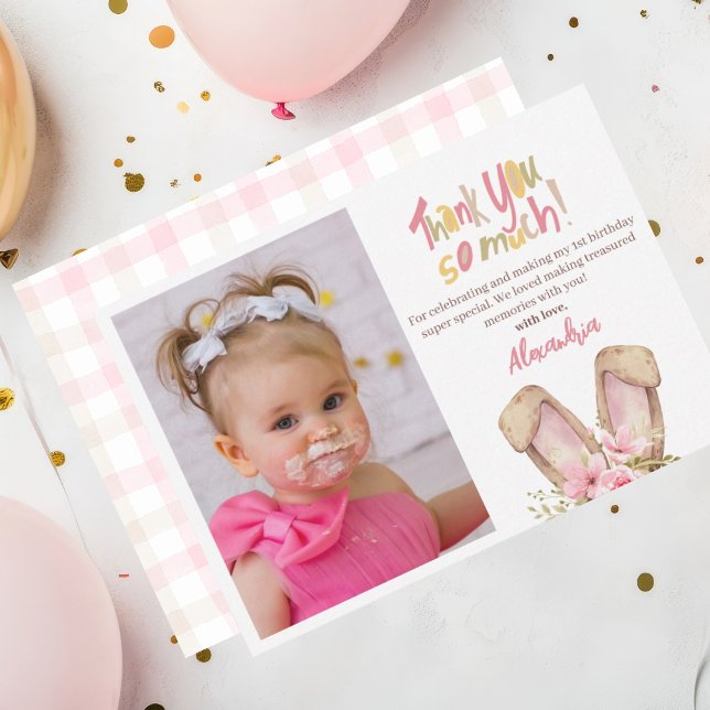 Chica Rosa de Conejo Cute Gracias Cumpleaños (Cute Bunny Ears Pink Thank You Card. Personalize Photo message and your name.)