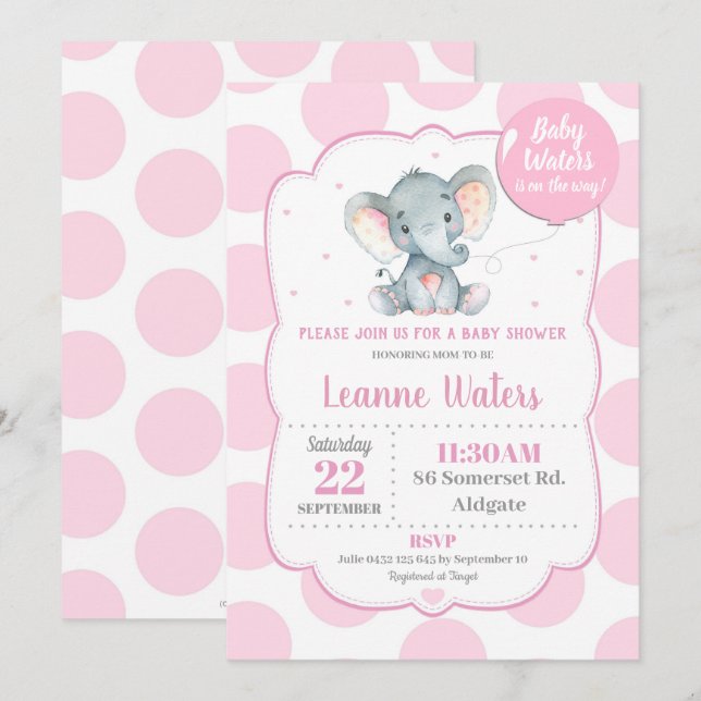 Chica rosa de la invitación a Baby Shower para ele (Anverso / Reverso)