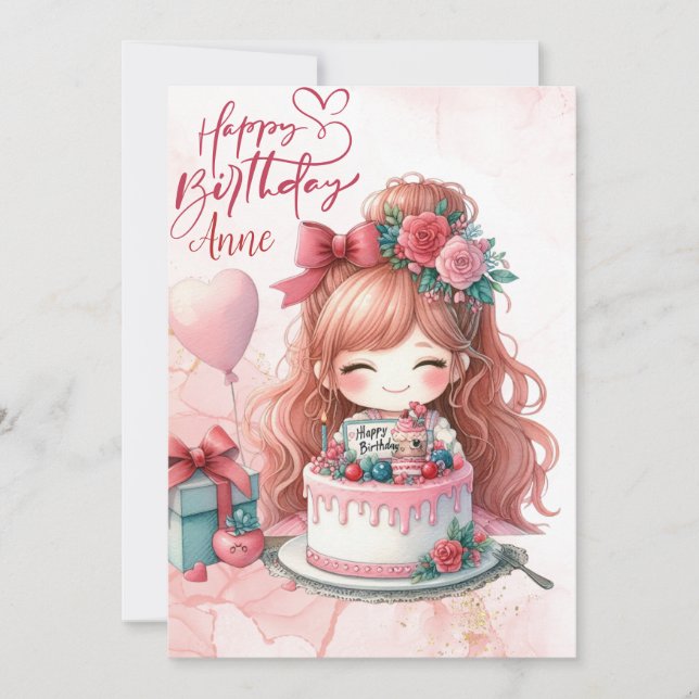 Chica Rosa Kawaii Tarjeta de felicitación de cumpl (Anverso)