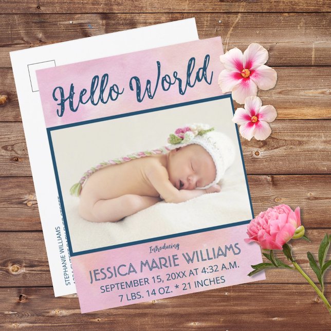 Chica rosa moderno Invitación de bebé foto postal (Modern Pink Girl Baby Announcement Photo Postcard)