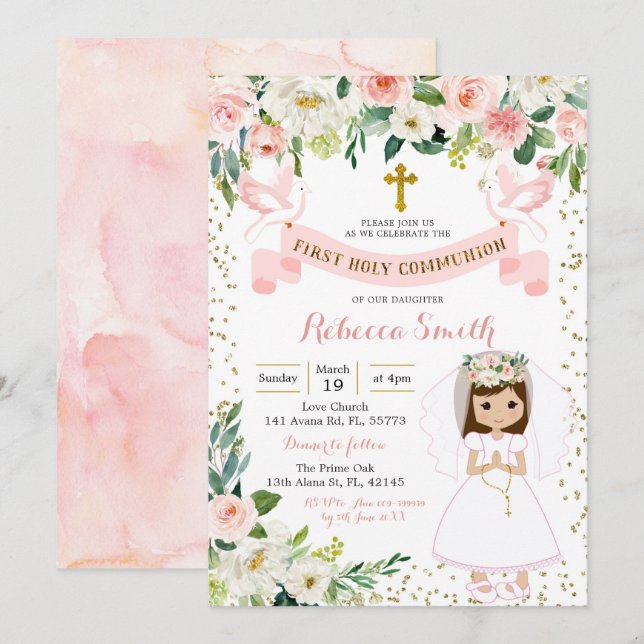 Chica Rosa y Oro Invitación a la Santa Comunión (Anverso / Reverso)