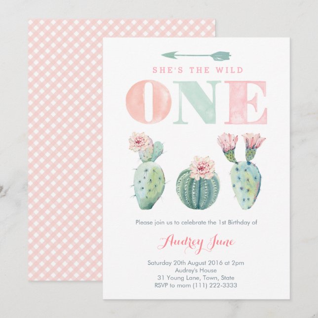 Chica rosado de Cacti invitaciones de cumpleaños 1 (Anverso / Reverso)