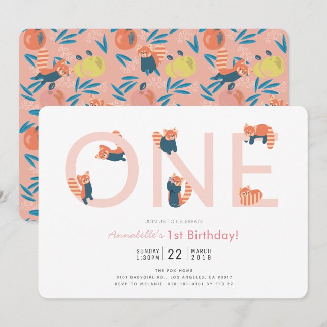 Chica rosado de Panda Rojo Invitación de cumpleaño (Anverso / Reverso)