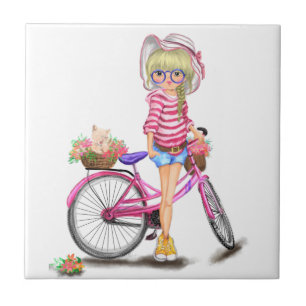 Chica Rubia Baldosa Bicicleta Rosa