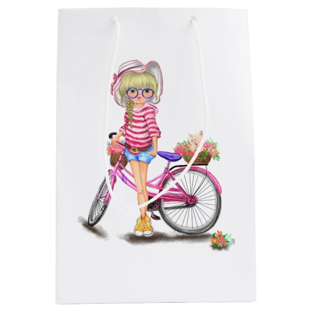 Chica rubio con bolsa de regalo de bicicleta rosa (Anverso)