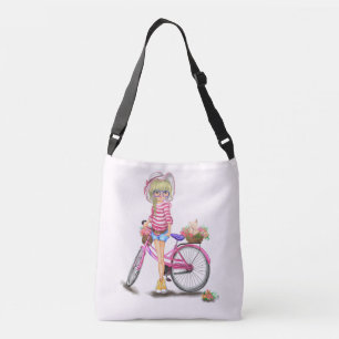 Chica rubio con bolsa de travesía de bicicleta ros