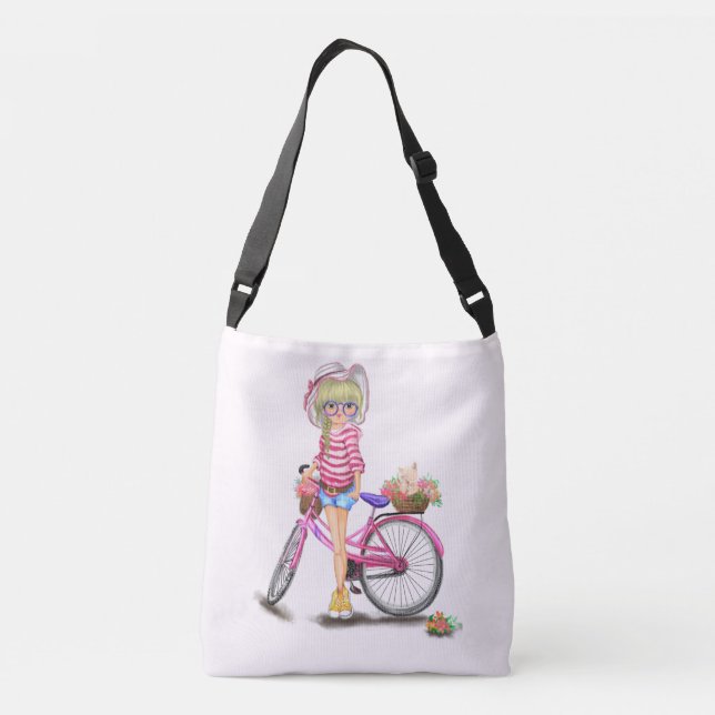 Chica rubio con bolsa de travesía de bicicleta ros (Reverso)