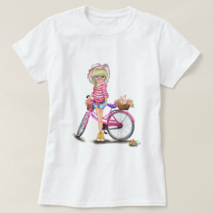 Chica rubio con camiseta en bicicleta rosa