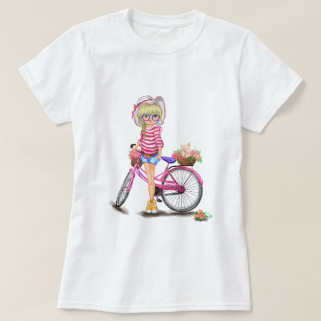 Chica rubio con camiseta en bicicleta rosa (Diseño del anverso)