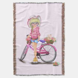 Chica rubio con manta de arrastre de bicicleta ros