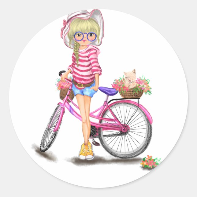Chica rubio con Pegatina de bicicleta rosa (Anverso)