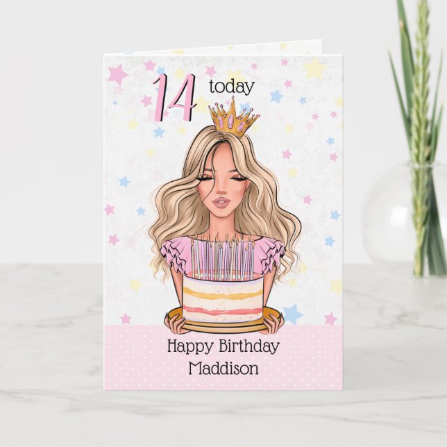 Chica rubio con tarjeta de felicitación de bizcoch (Anverso)