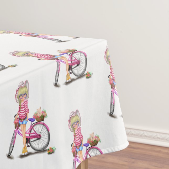 Chica rubio y mantel de bicicleta rosa (In Situ)