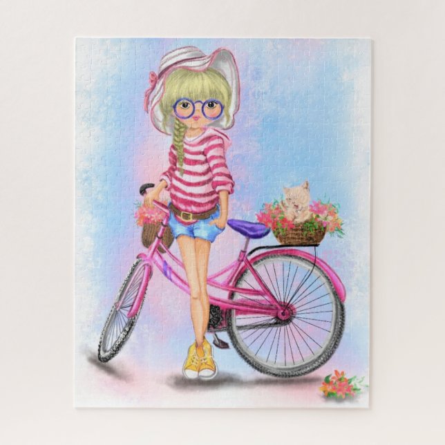 Chica rubio y rompecabezas de bicicleta rosa (Vertical)